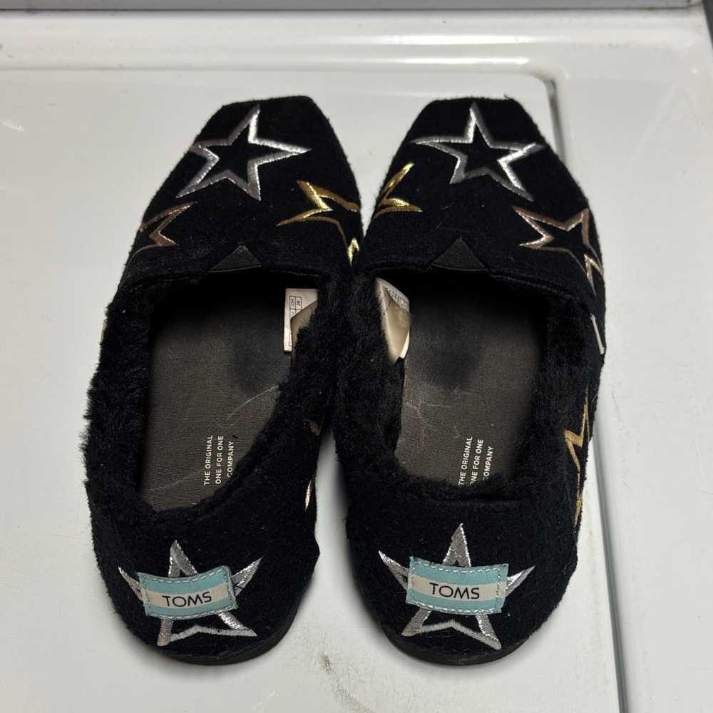 TOMS Black Slip-On Flats with Metallic Star Embroidery - Picture 2 of 2